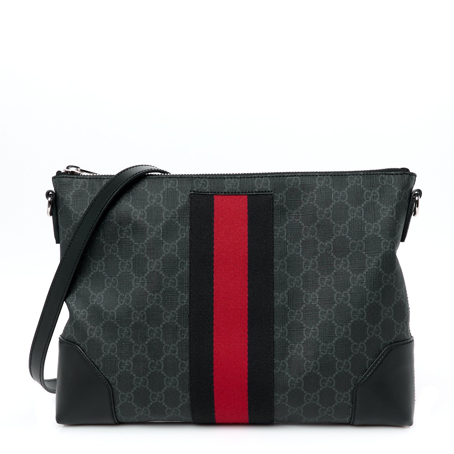 Gucci Soft GG Supreme Monogram Appia Calfskin Web East West Messenger Bag Black Grey 1 of 11