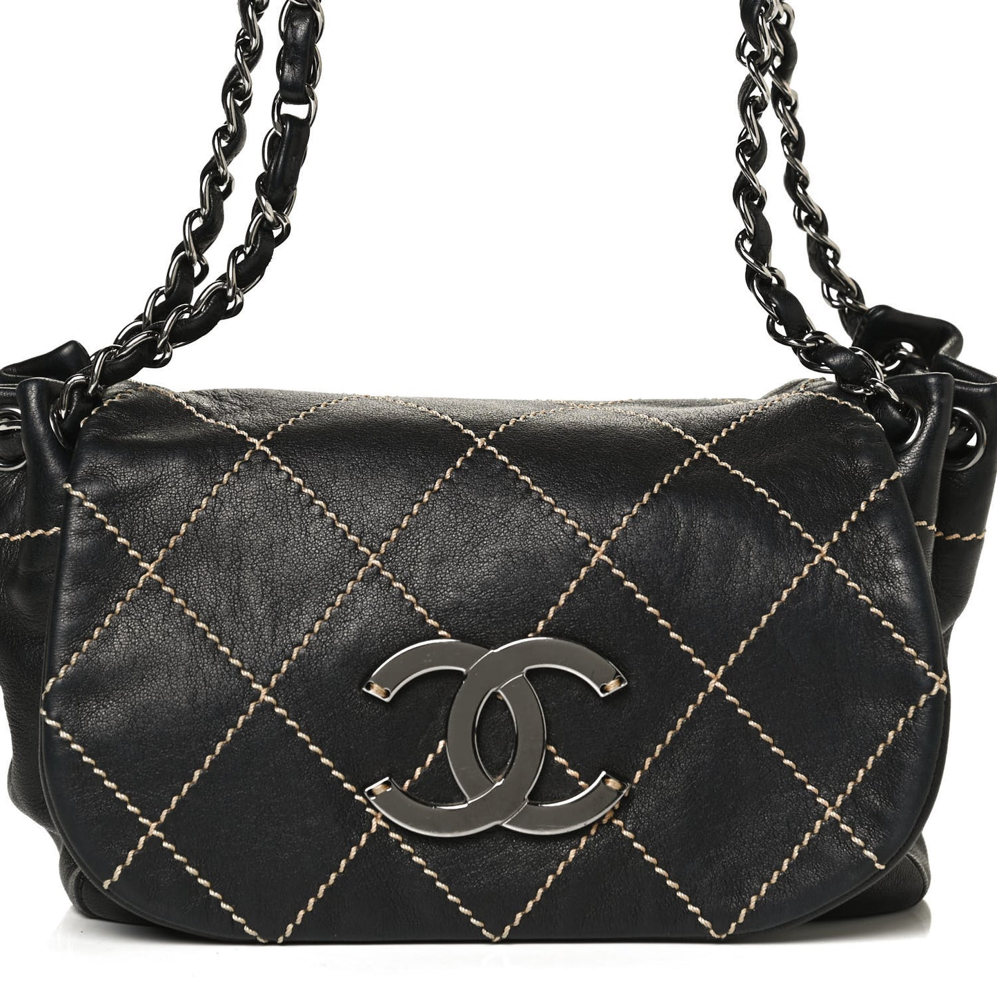 Lambskin Contrast Stitch Small Surpique Accordion Flap Black