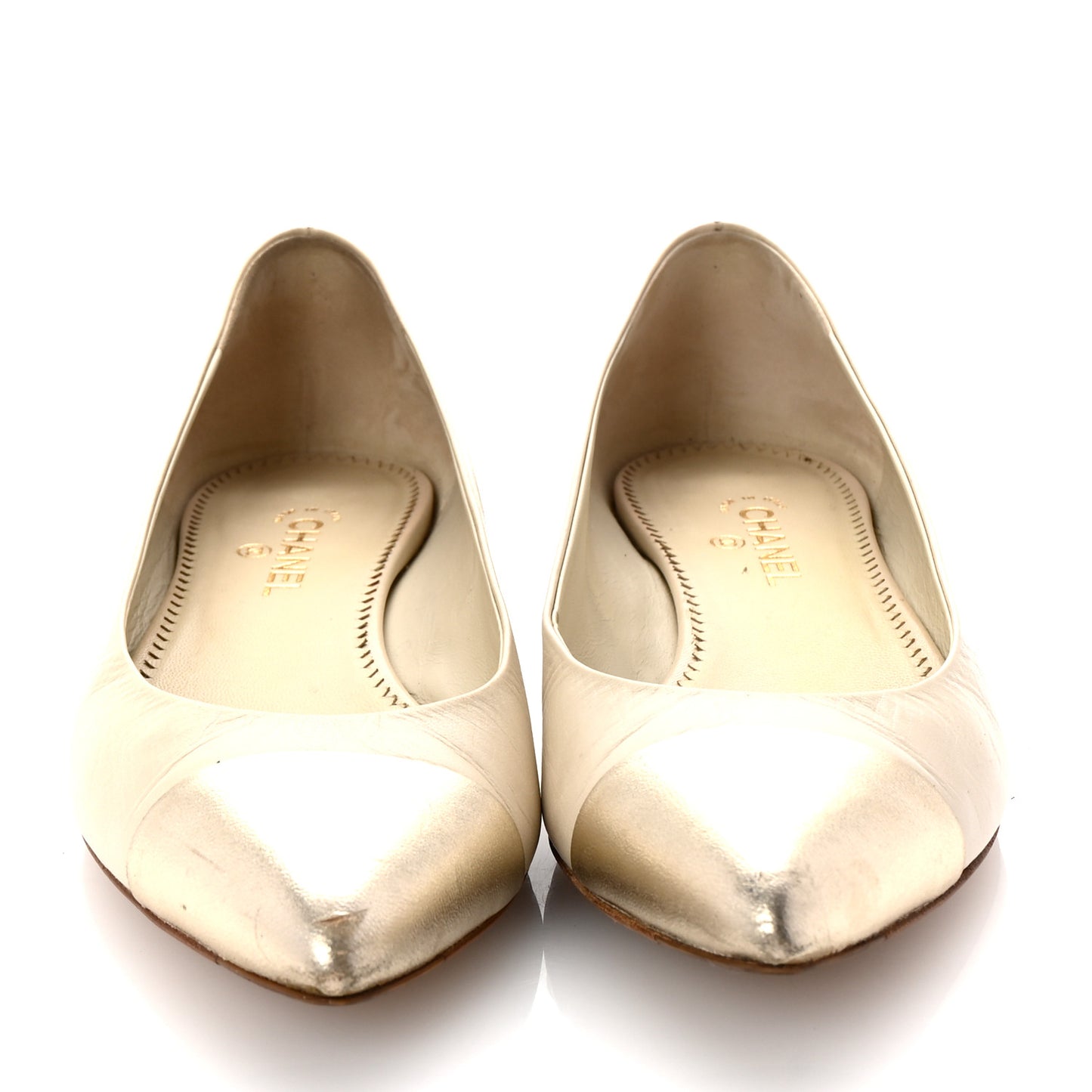 Lambskin Coco Line Pointed Toe Ballerina Flats 36 Light Beige Gold