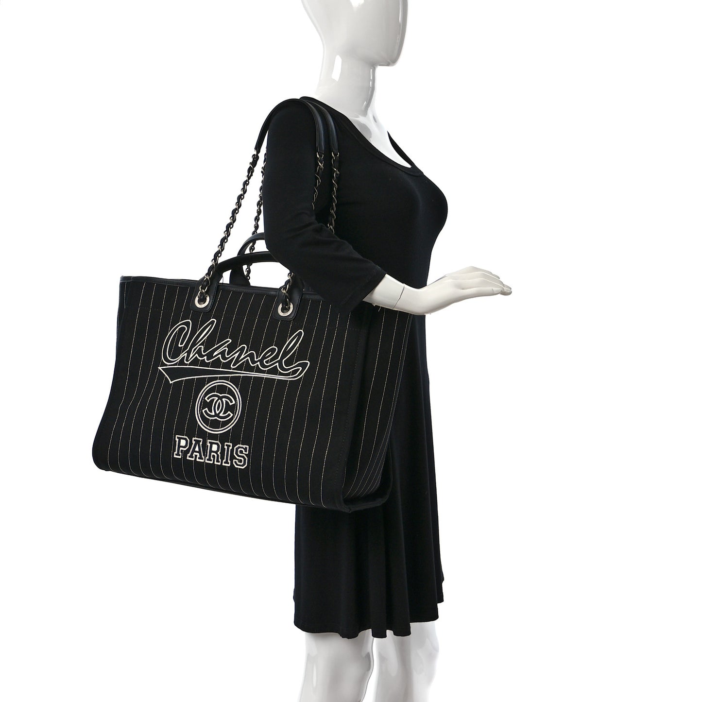 Canvas Calfskin Striped Medium Deauville Tote Black White