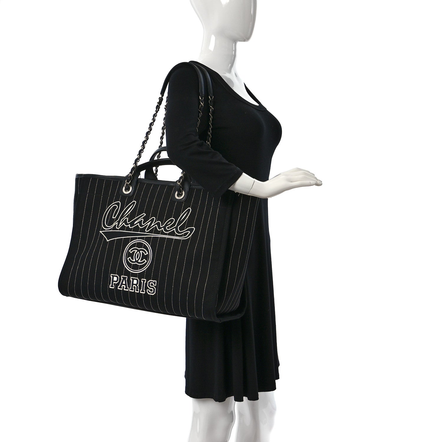 Chanel Canvas Calfskin Striped Medium Deauville Tote Black White 2 of 11
