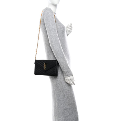 Saint Laurent Grain De Poudre Matelasse Chevron Monogram Chain Wallet Black 2 of 10