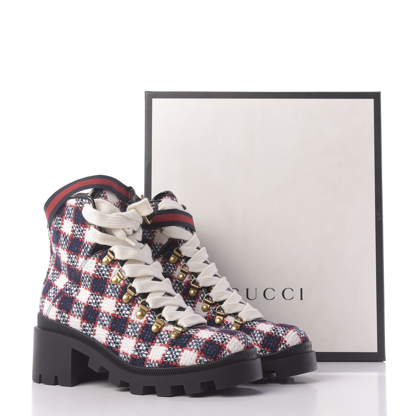Vintage Tweed Check Lace Up Combat Ankle Boots 39 White Hibiscus Red Marine
