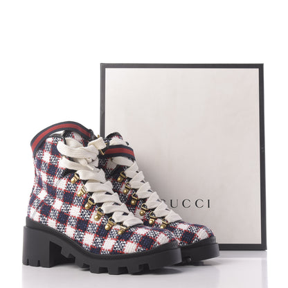 Gucci Vintage Tweed Check Lace Up Combat Ankle Boots 39 White Hibiscus Red Marine 12 of 12