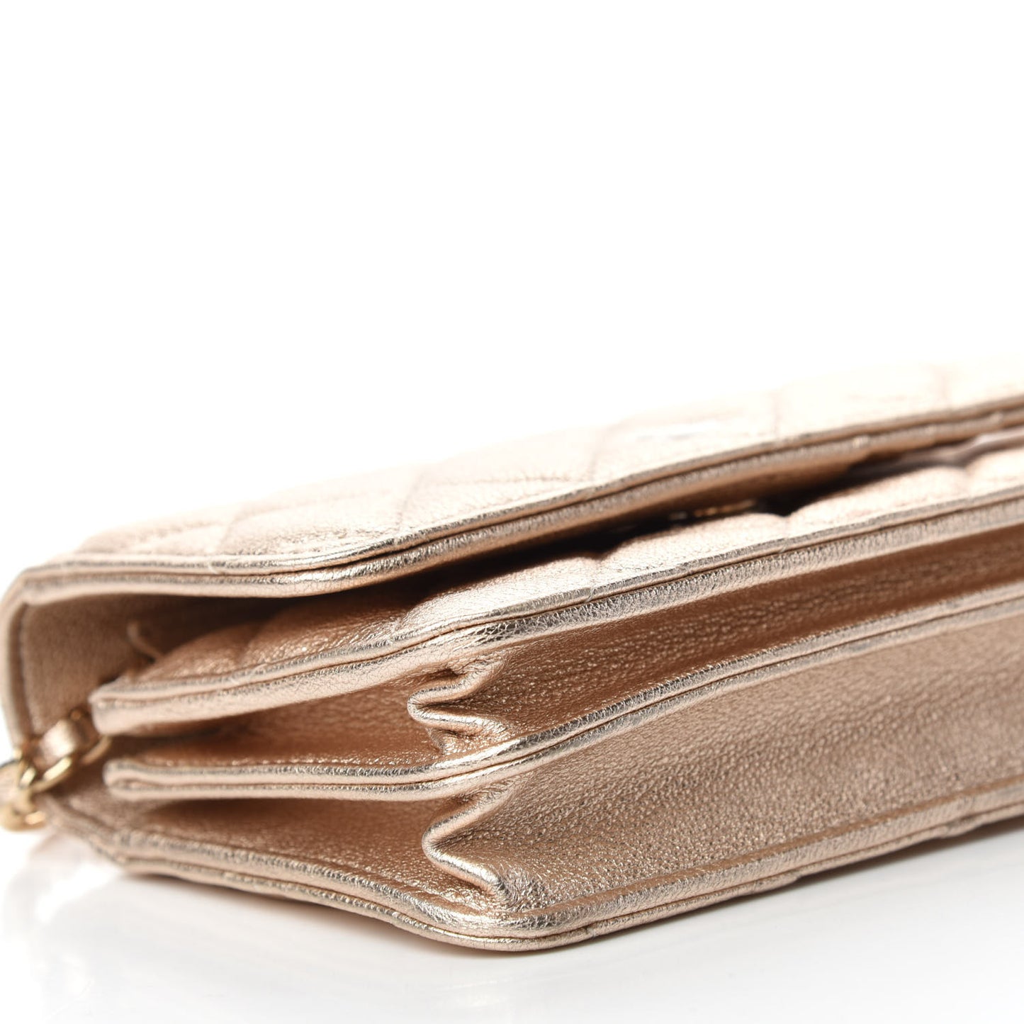 Metallic Lambskin Quilted Mini Wallet On Chain WOC Gold
