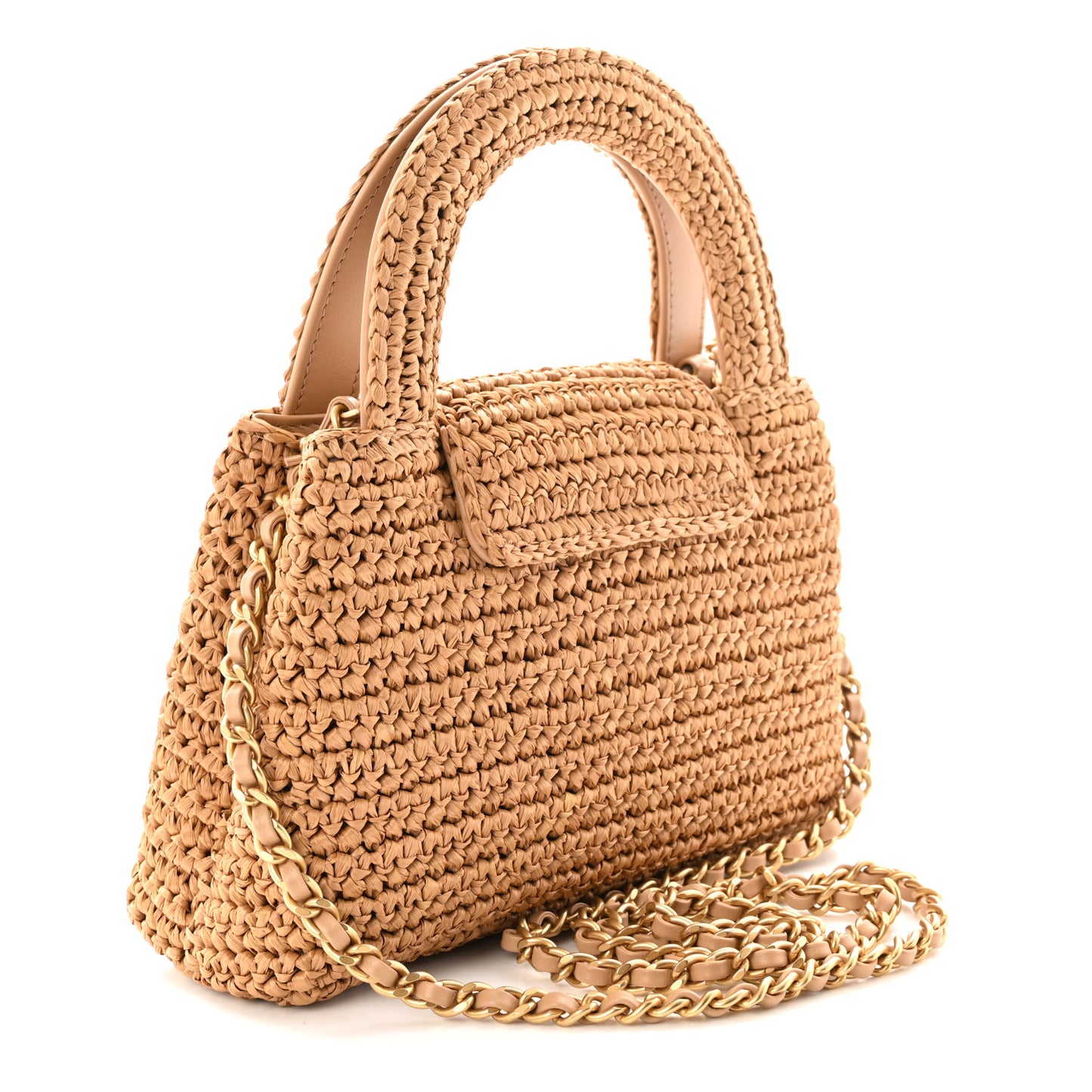 Braided Raffia Nano Kelly Flap Bag Dark Beige