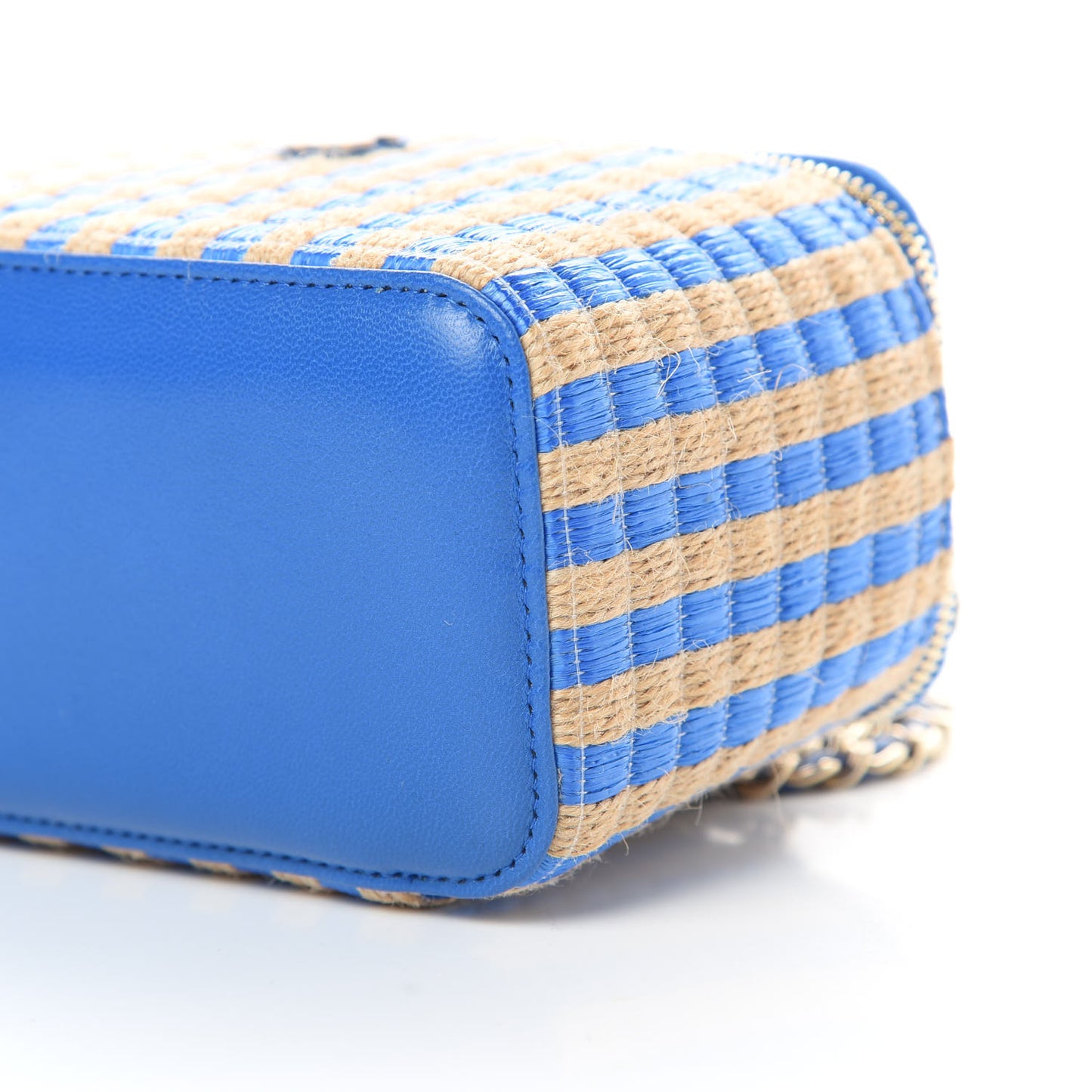 Raffia Jute Striped Small Vanity Case With Chain Blue Beige