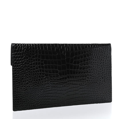Saint Laurent Calfskin Crocodile Embossed Uptown Monogram Clutch Black 2 of 7
