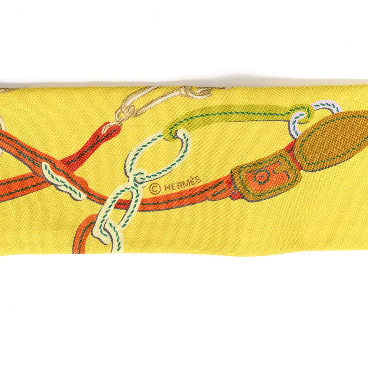 Hermes Silk Brides de Gala Applique Pique Twilly Jaune Vif Vert D'eau Bronze 4 of 4