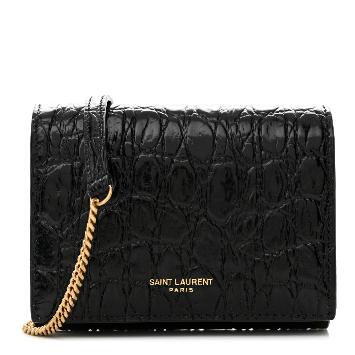 Calfskin Crocodile Embossed Monogram Chain Card Case Black