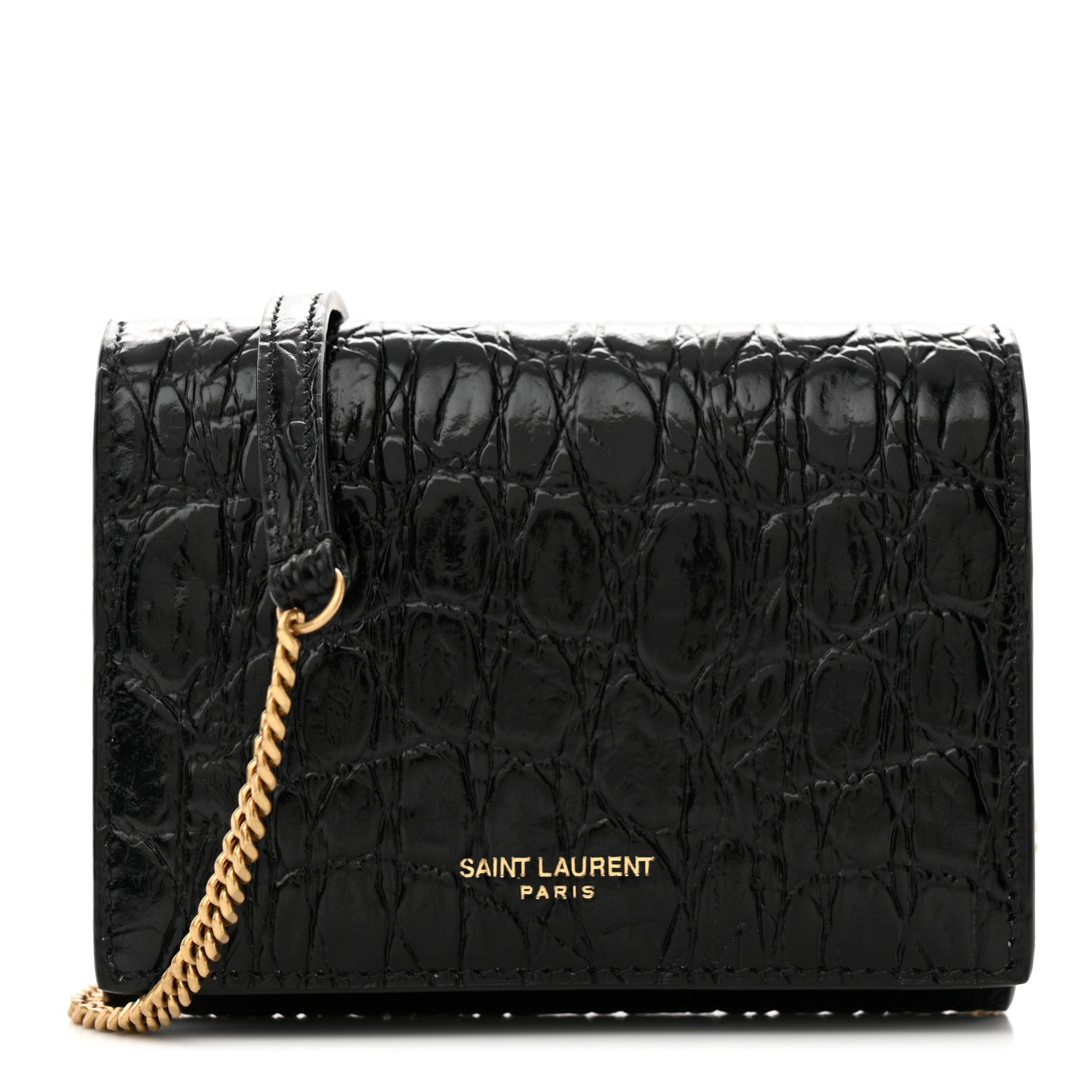 Saint Laurent Calfskin Crocodile Embossed Monogram Chain Card Case Black 1 of 11