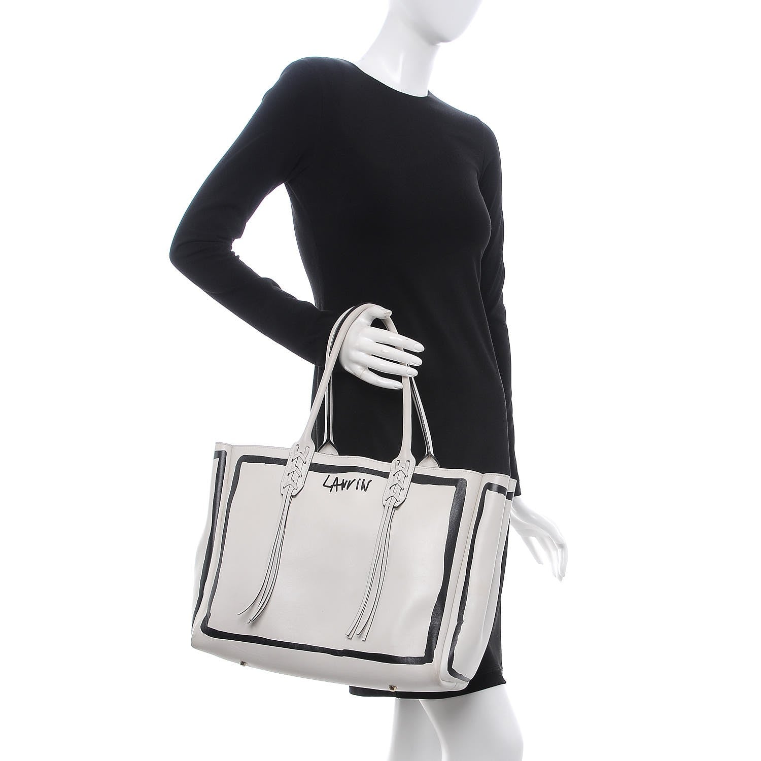 Lanvin Smooth Calfskin Printed Small Fringe Shopper Tote Black White 2 of 23