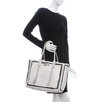 Lanvin Smooth Calfskin Printed Small Fringe Shopper Tote Black White 2 of 23