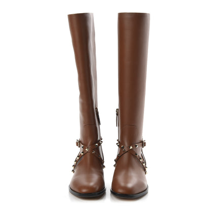 Valentino Garavani Calfskin Rockstud Knee High Flat Boots 40.5 Tan 2 of 8