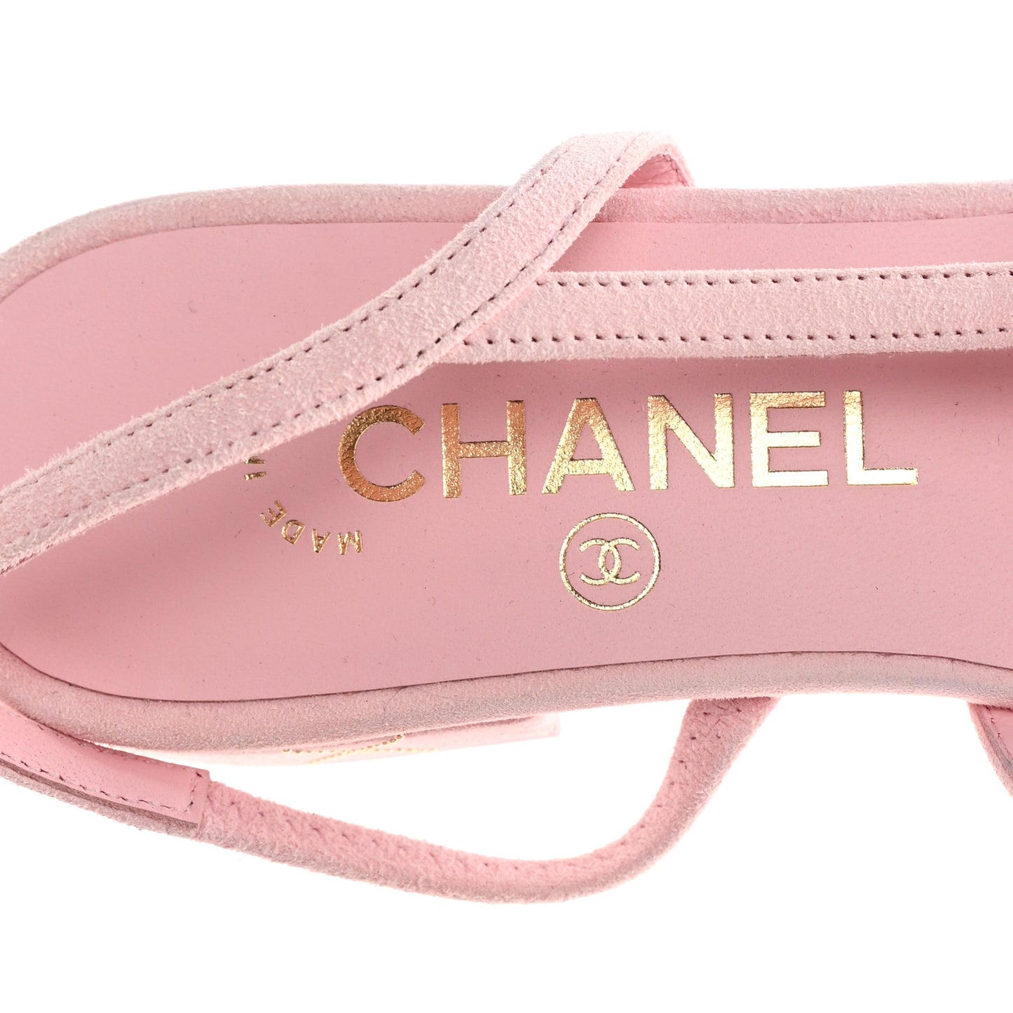 Suede Crystal Grosgrain Cap Toe CC Slingback Flats 37 Pink Gold Black
