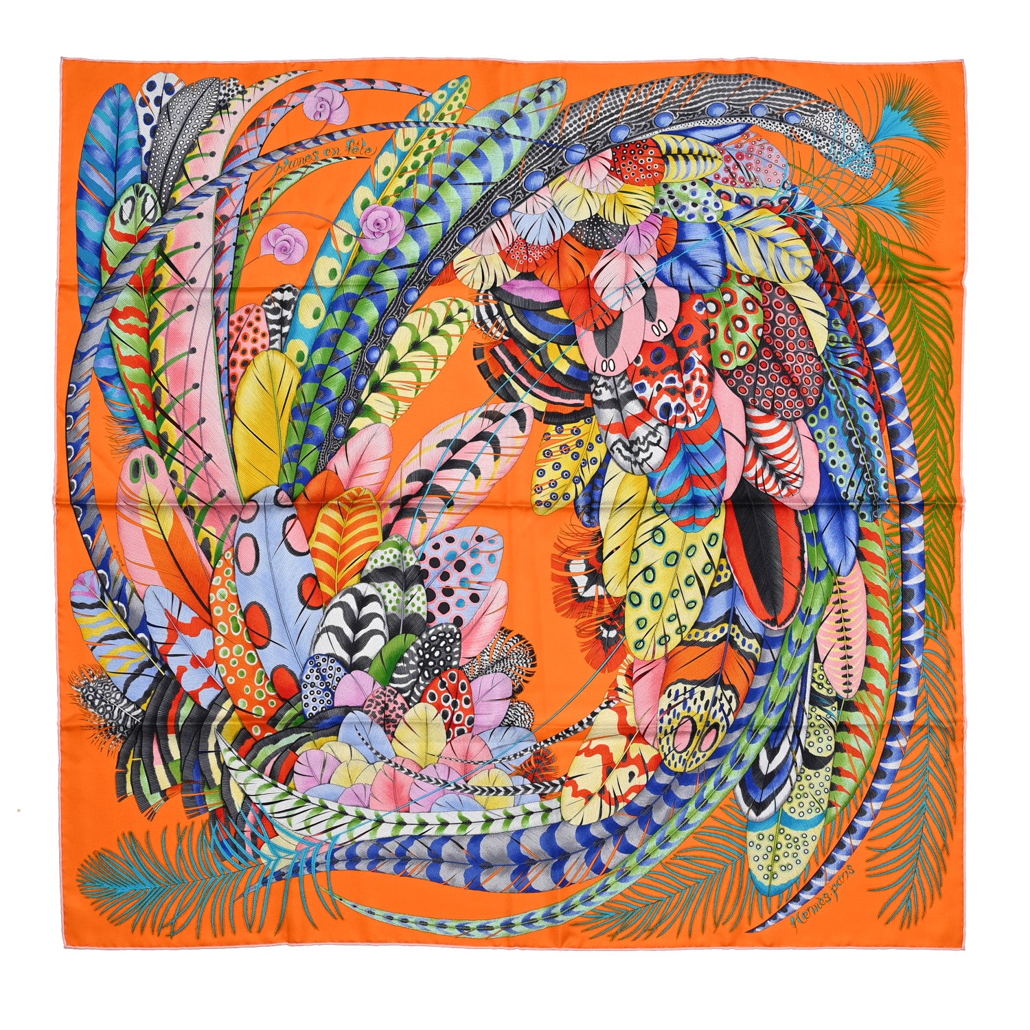 Hermes Silk Plumes En Fete Scarf 90 Orange Bleu Rose 2 of 12