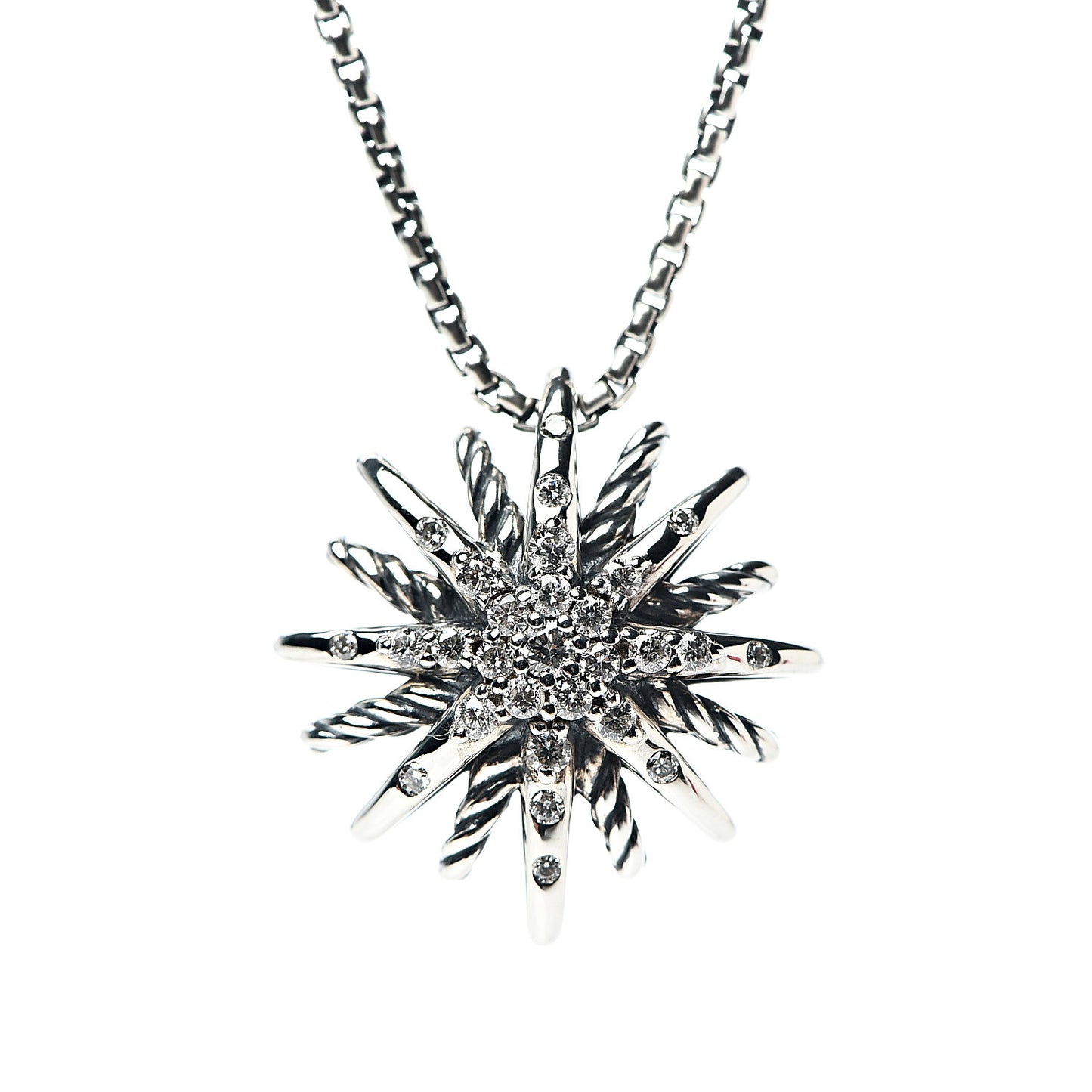 Sterling Silver Diamond 16mm Small Starburst Pendant Necklace