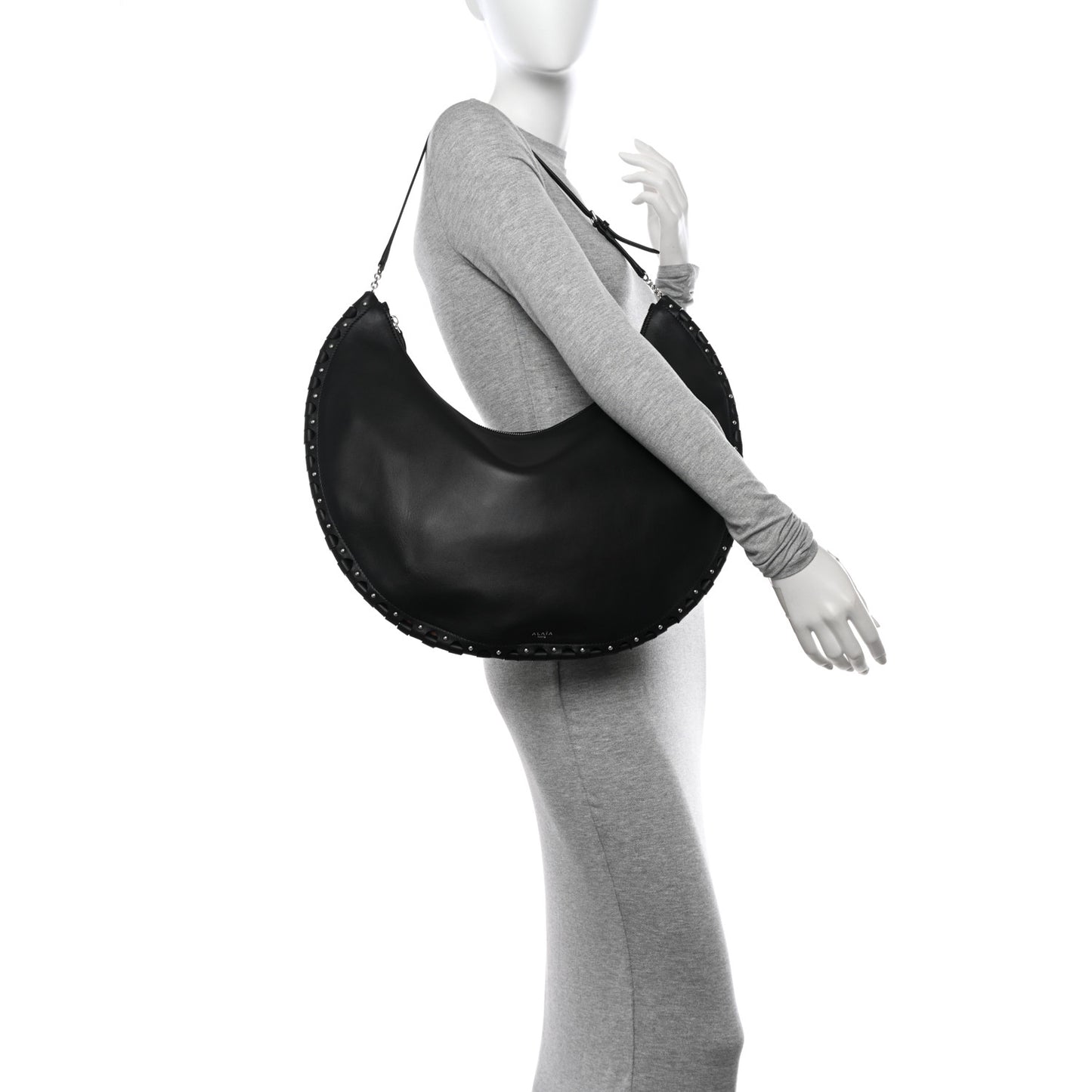 Lambskin Studded Large Demi Lune Bag Black
