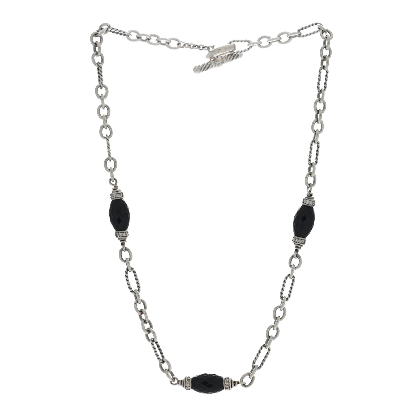 Sterling Silver Diamond Black Onyx Figaro Chain Necklace