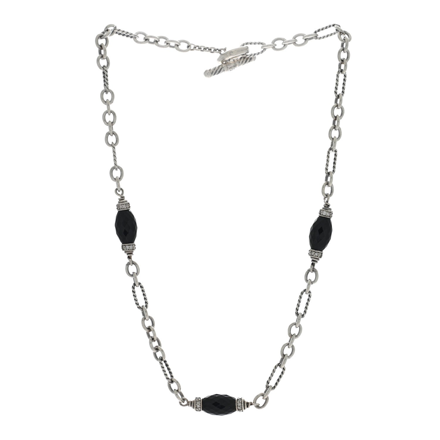 David Yurman Sterling Silver Diamond Black Onyx Figaro Chain Necklace 3 of 4