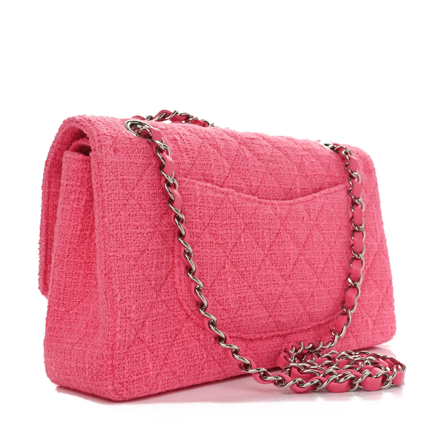 Tweed Crystal Bead Flower Embellished Quilted Medium Double Flap Pink