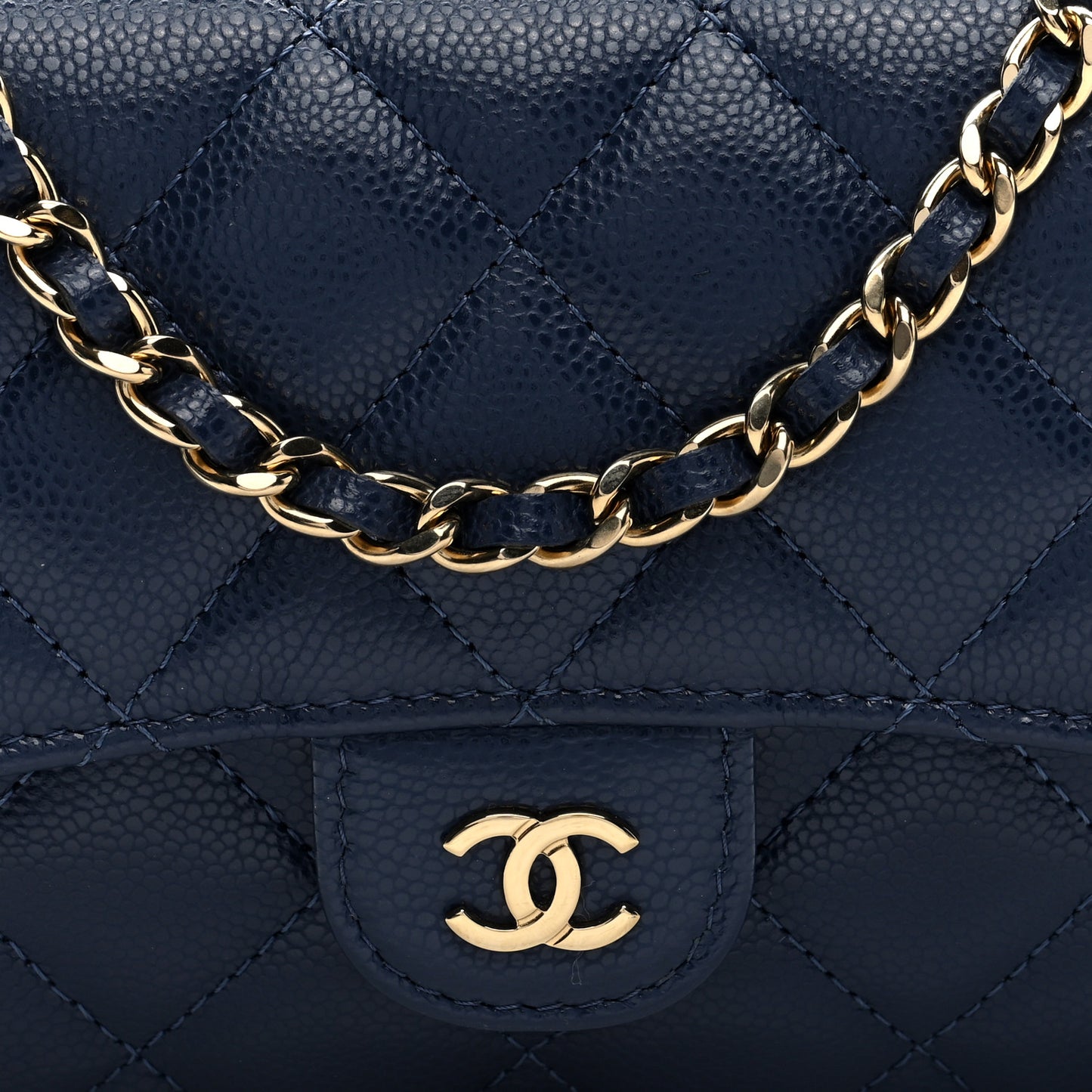 Caviar Quilted Flap Phone Holder With Chain Navy Blue