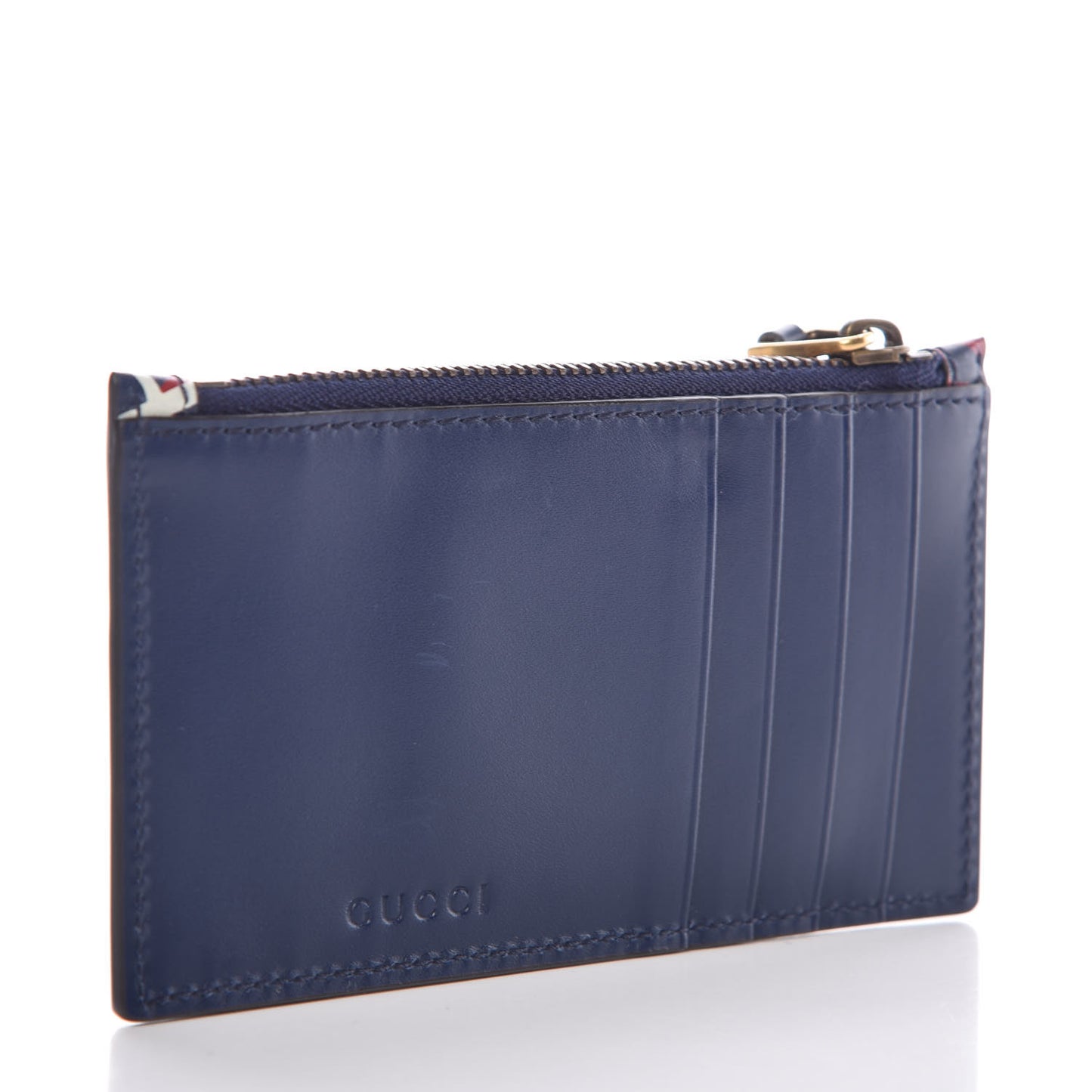 Calfskin GucciGhost Coin Case Card Holder Blue Agata Hibiscus Red