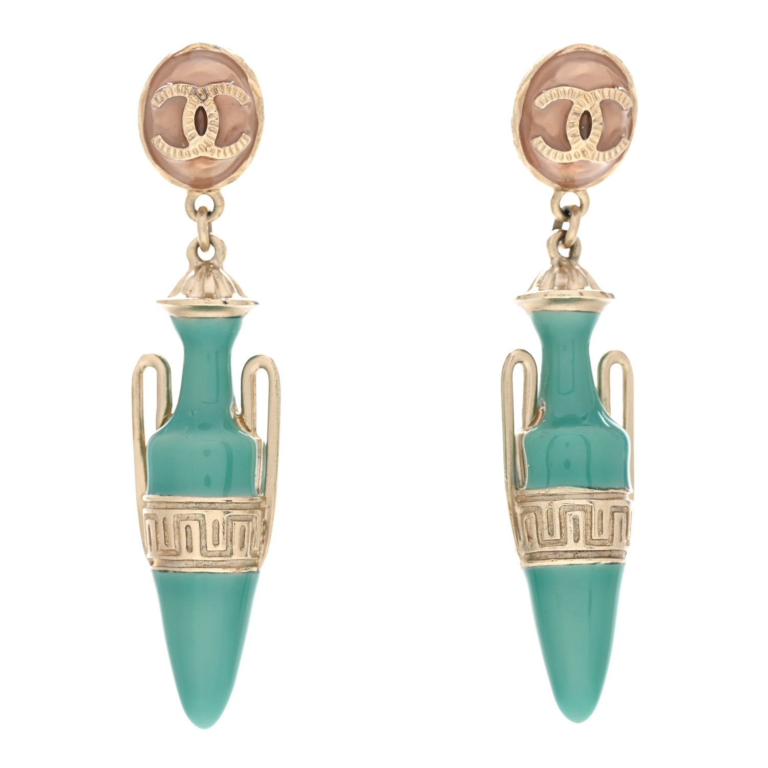 Chanel Metal Resin Ancient Greek Urn Drop Earrings Light Gold Turquoise 1 of 5