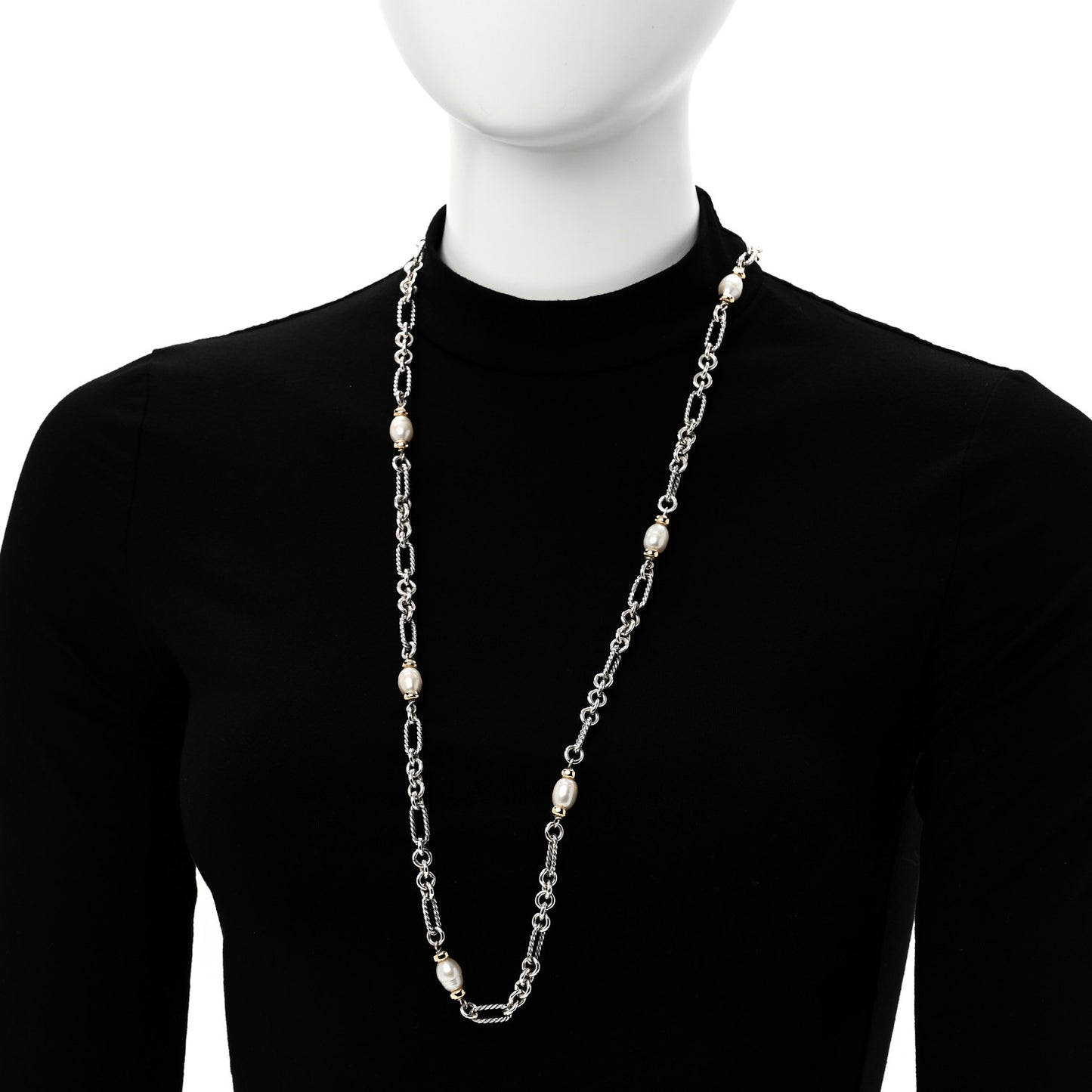 Sterling Silver 18K Yellow Gold Baroque Pearl Long Figaro Chain Necklace