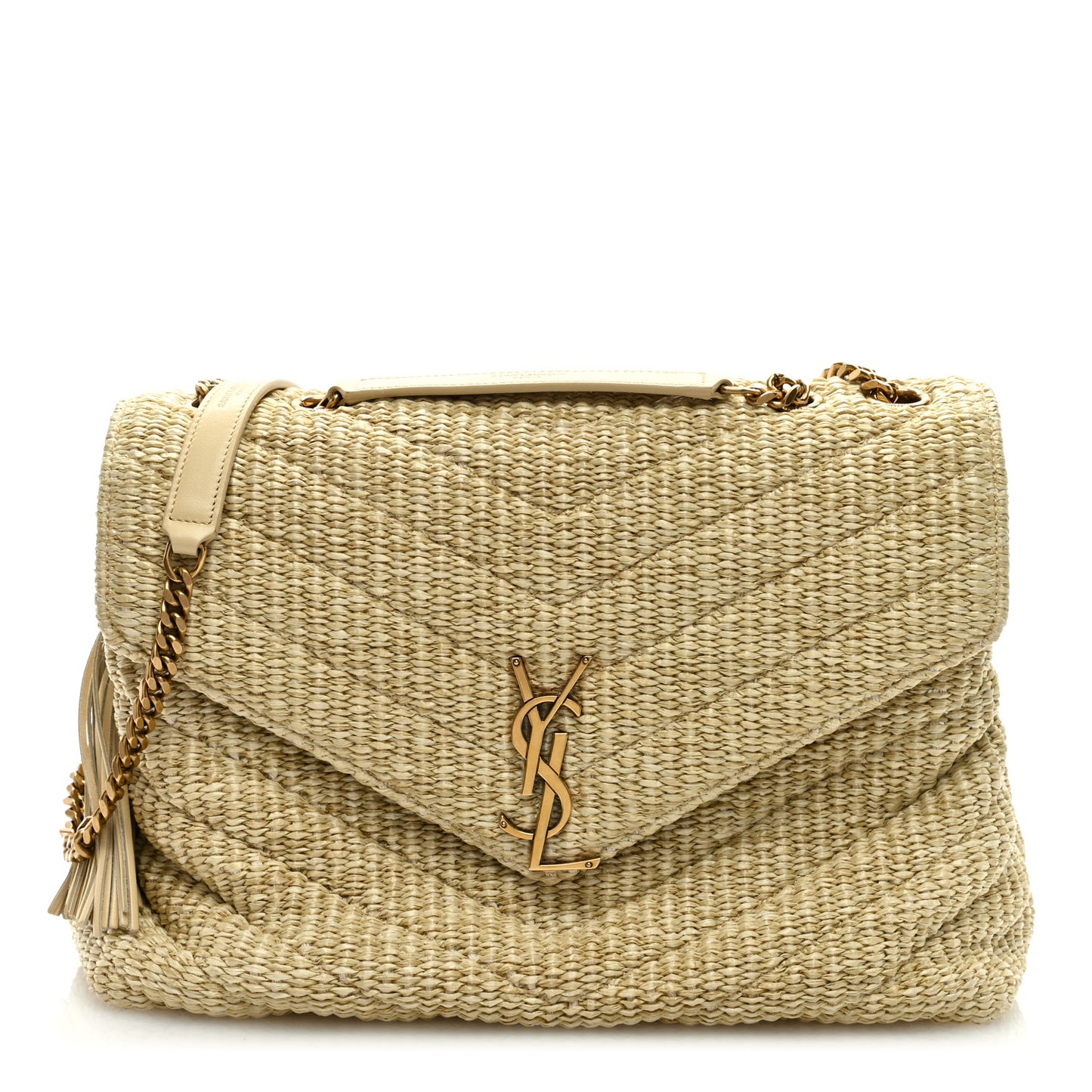 Raffia Quilted Medium Loulou Chain Satchel Natural