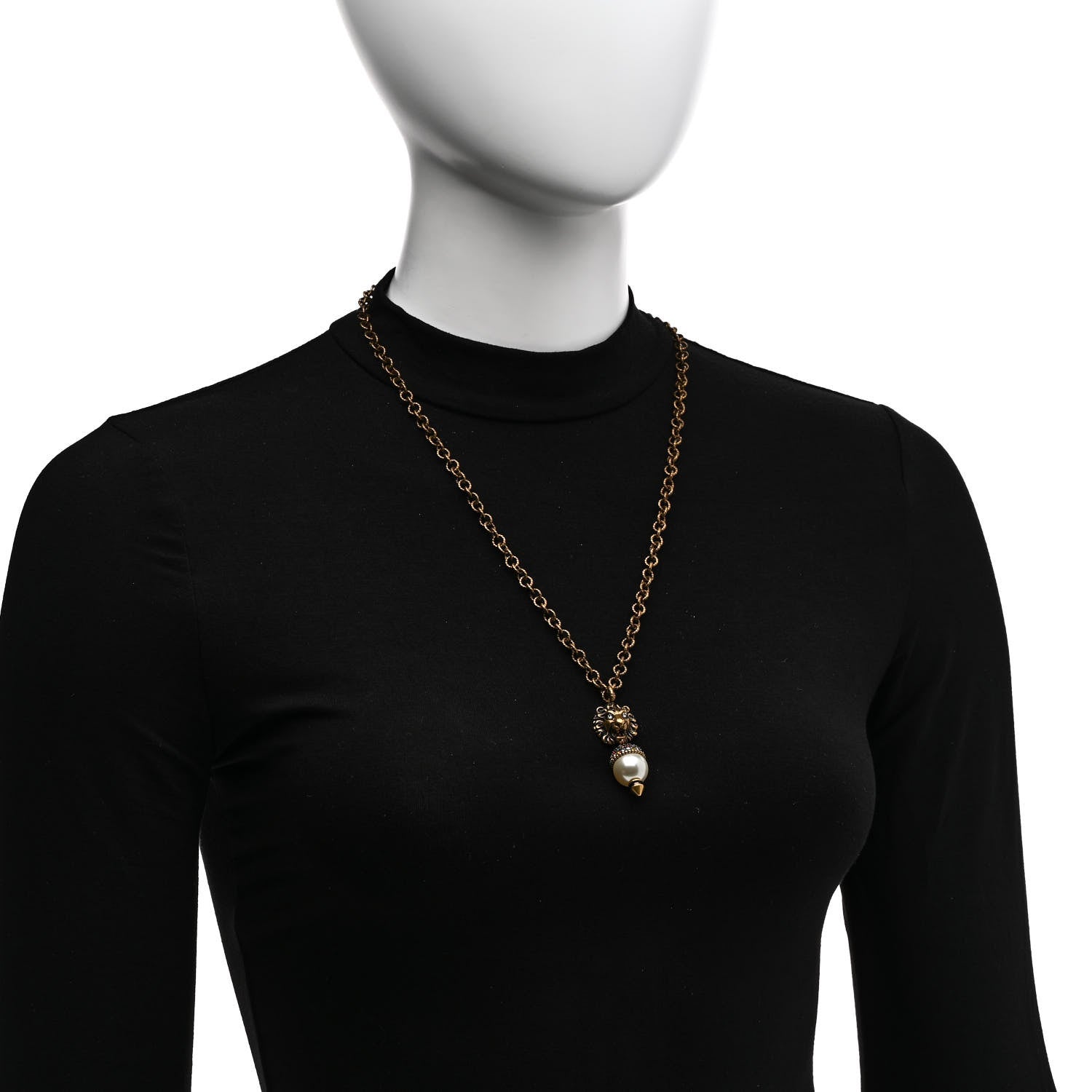 Gucci Metal Crystal Pearl Lion Head Necklace Aged Gold 2 of 5
