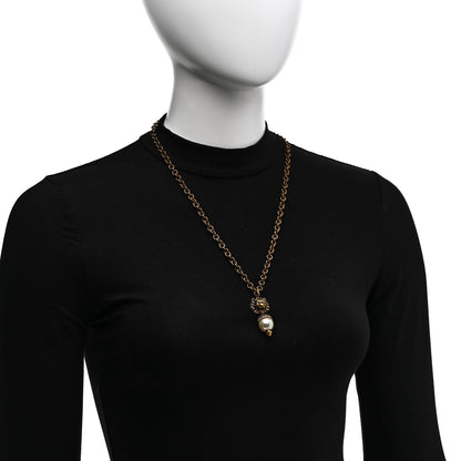 Gucci Metal Crystal Pearl Lion Head Necklace Aged Gold 2 of 5