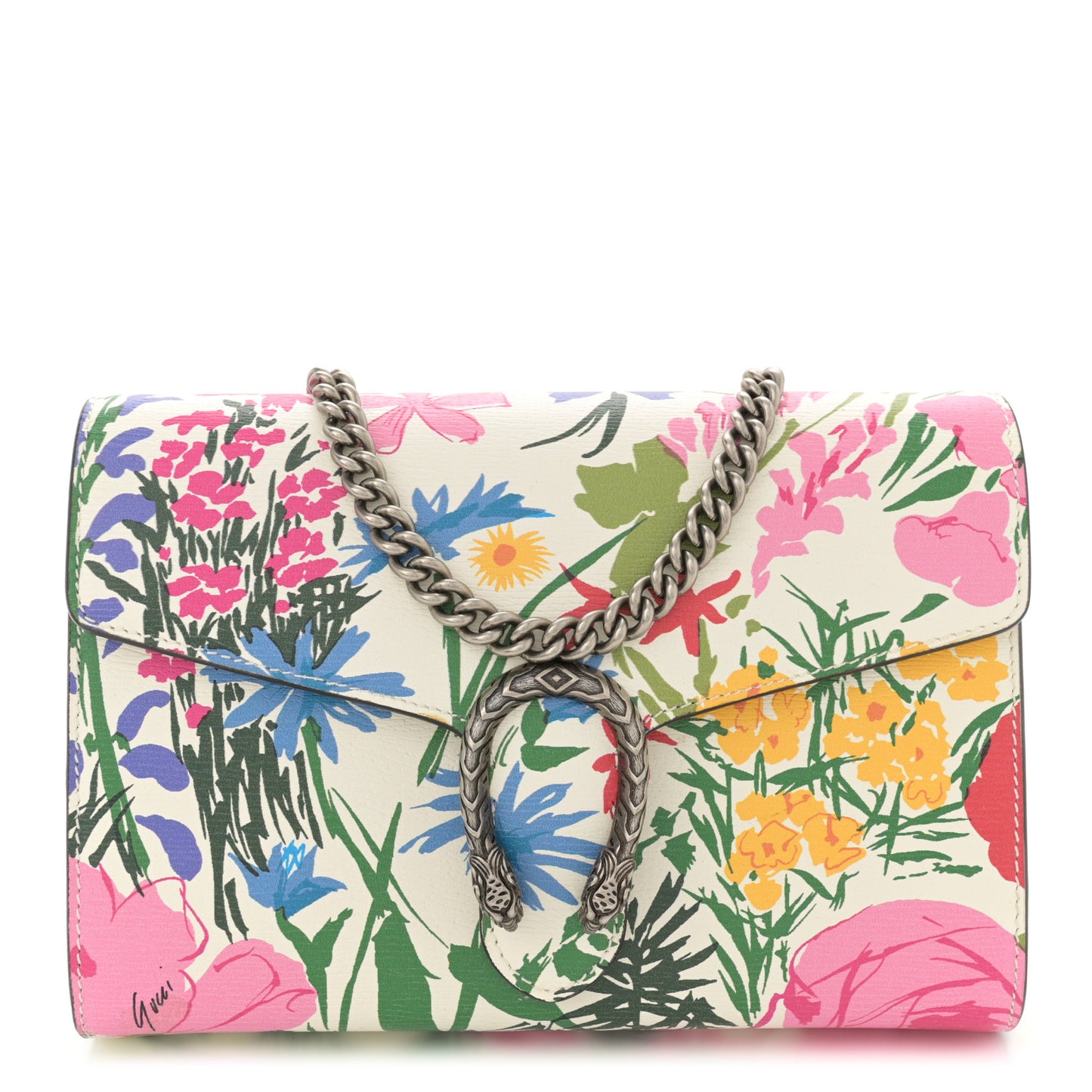 X KEN SCOTT New Shangai Calfskin Jardin D'Avril Floral Print Mini Dionysus Chain Wallet Ivory Pink