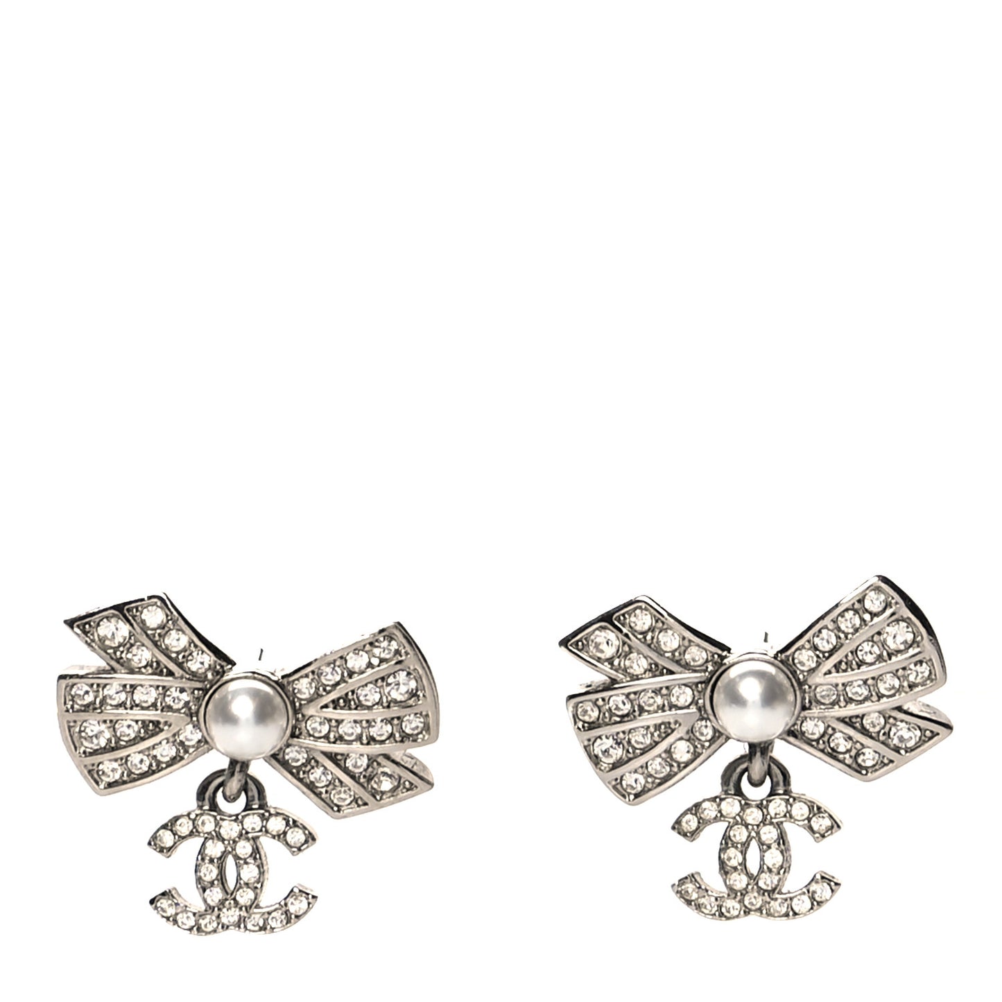 Crystal CC Bow Drop Earrings Silver