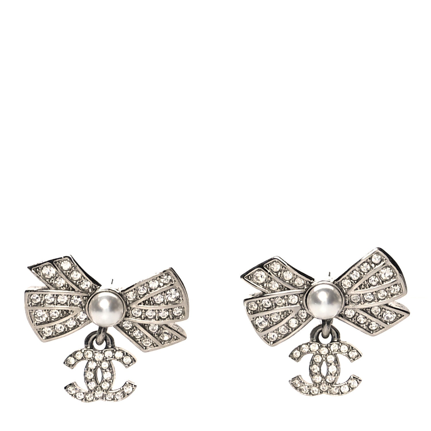 Chanel Crystal CC Bow Drop Earrings Silver 1 of 4