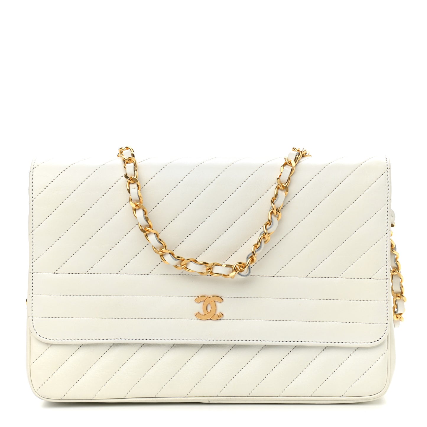 Lambskin Diagonal Quilted Small Single Flap White