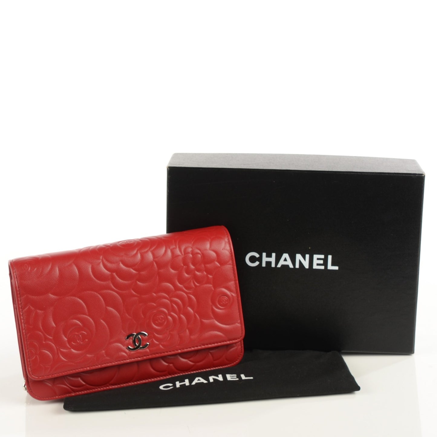 Lambskin Camellia Embossed Wallet On Chain WOC Red