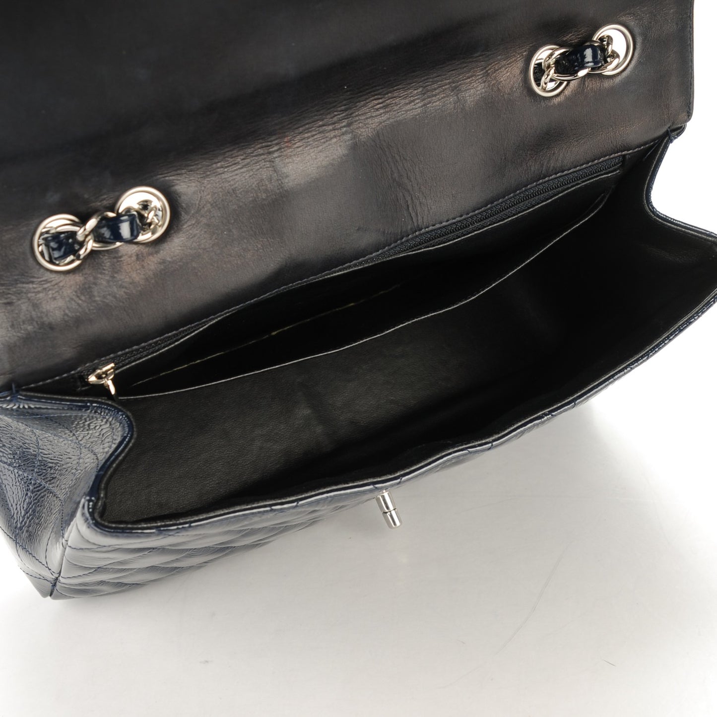 Distressed Patent Quilted Jumbo Single Flap Navy