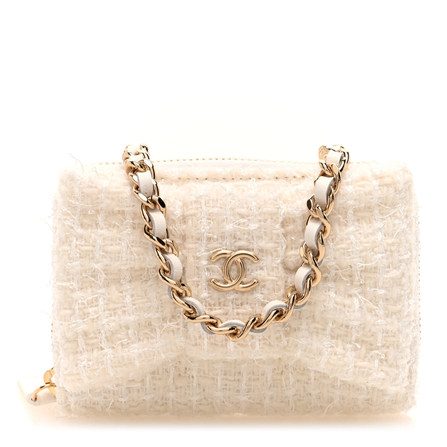 Tweed Quilted Bow Flap Card Holder On Chain White