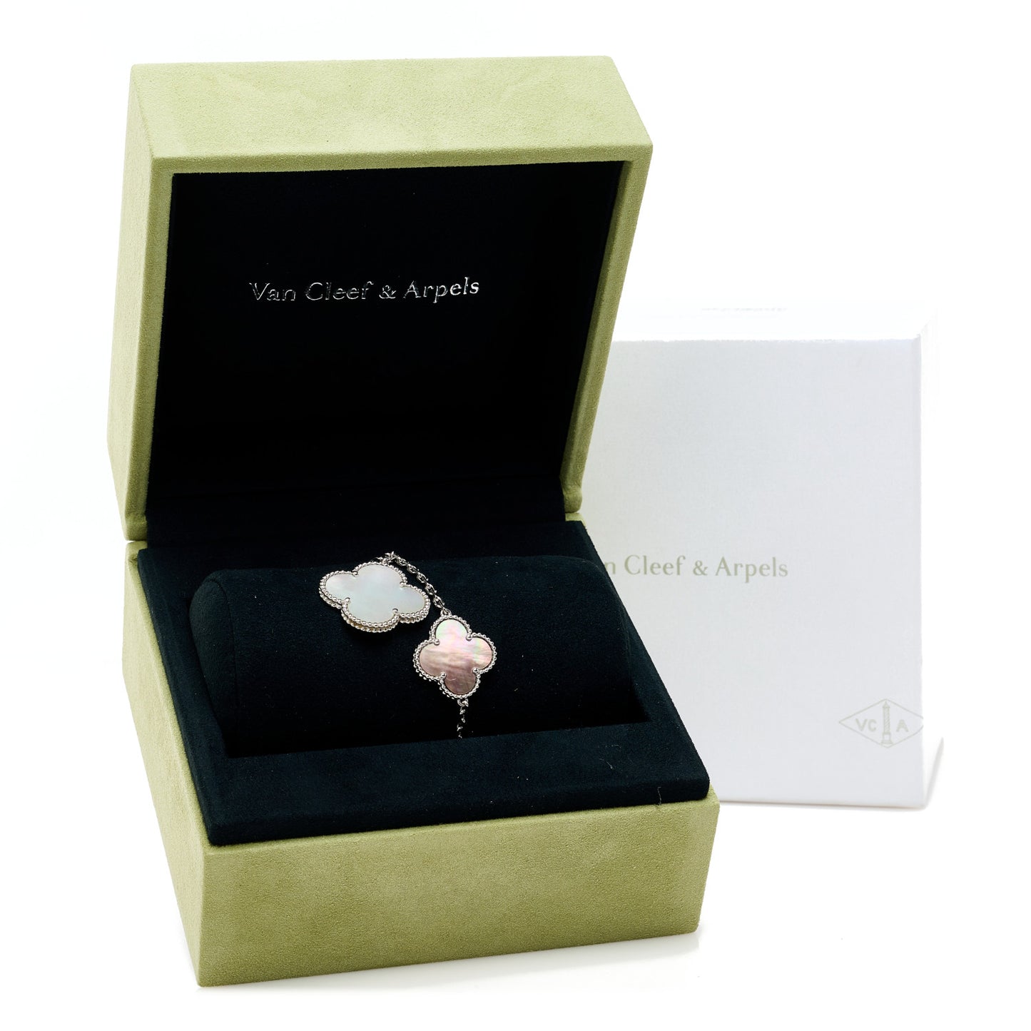 18K White Gold Chalcedony Mother of Pearl 5 Motifs Magic Alhambra Bracelet