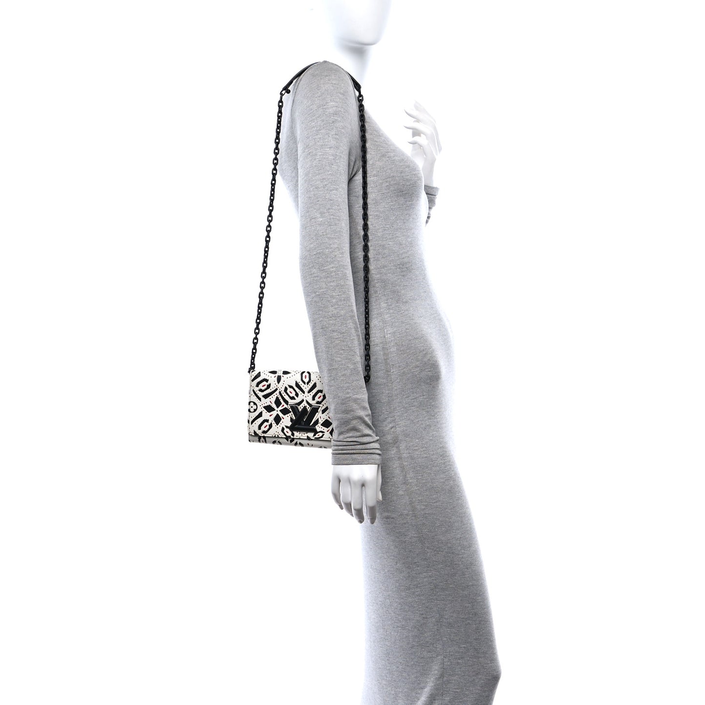 Calfskin Graphic Print Twist Chain Wallet White Black White Black