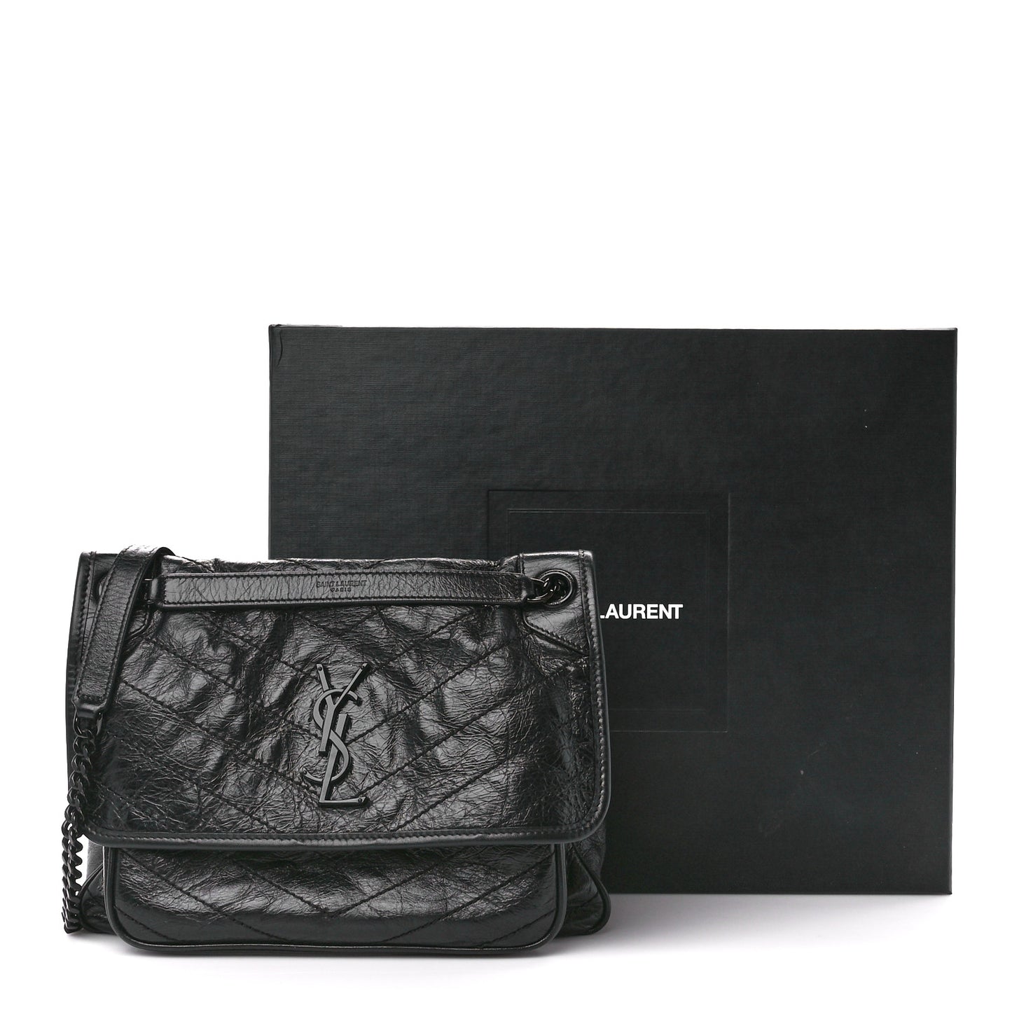 Crinkled Calfskin Matelasse Monogram Medium Niki Chain Satchel Black