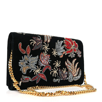 Saint Laurent Suede Embroidered Birds Monogram Chain Wallet Black 3 of 9