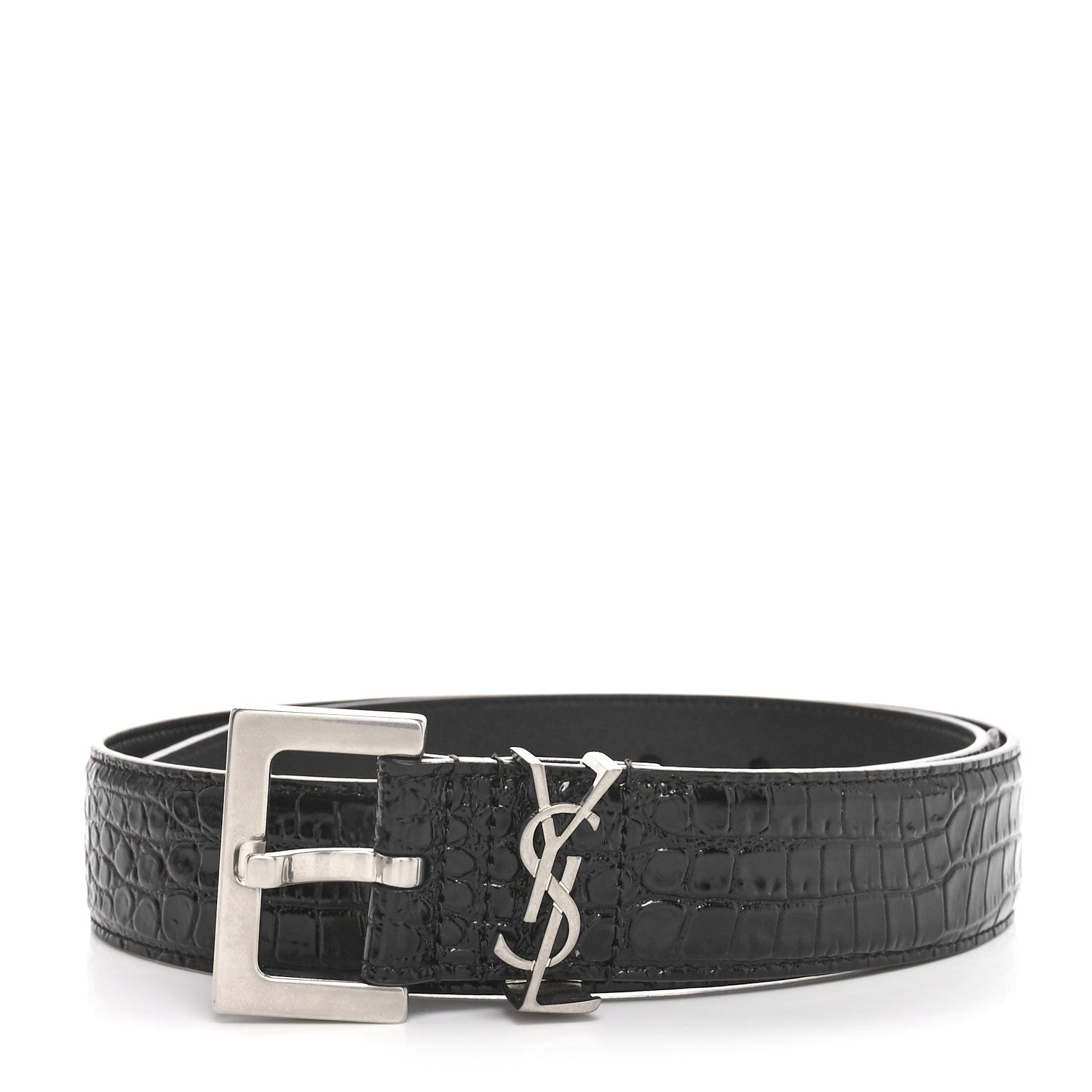 Saint Laurent Calfskin Crocodile Embossed Monogram Square Buckle Belt 75 30 Black 1 of 6