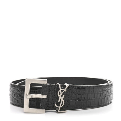Saint Laurent Calfskin Crocodile Embossed Monogram Square Buckle Belt 75 30 Black 1 of 6