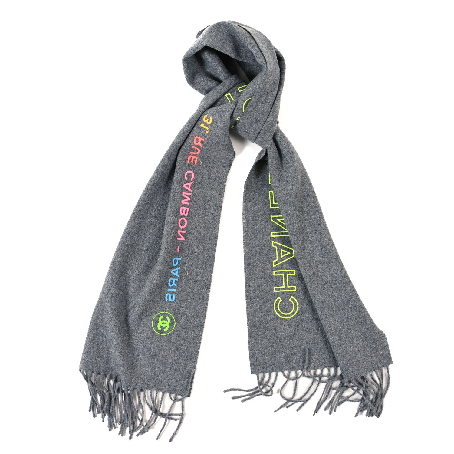 Chanel Cashmere Silk Logo Fringe Scarf Grey Multicolor 1 of 3