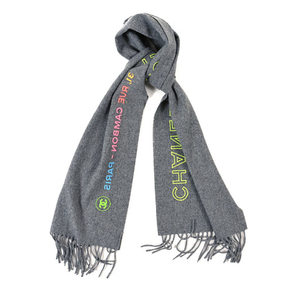 Chanel Cashmere Silk Logo Fringe Scarf Grey Multicolor 1 of 3