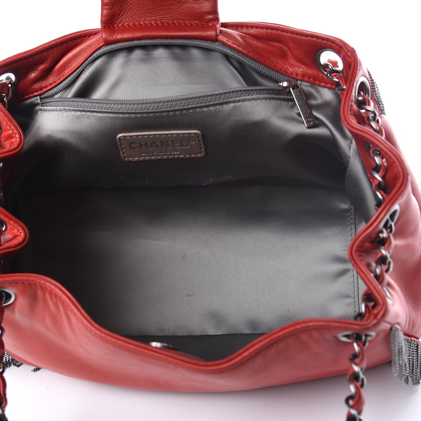 Lambskin Rock And Cabaret Chain Fringe Accordion Flap Red