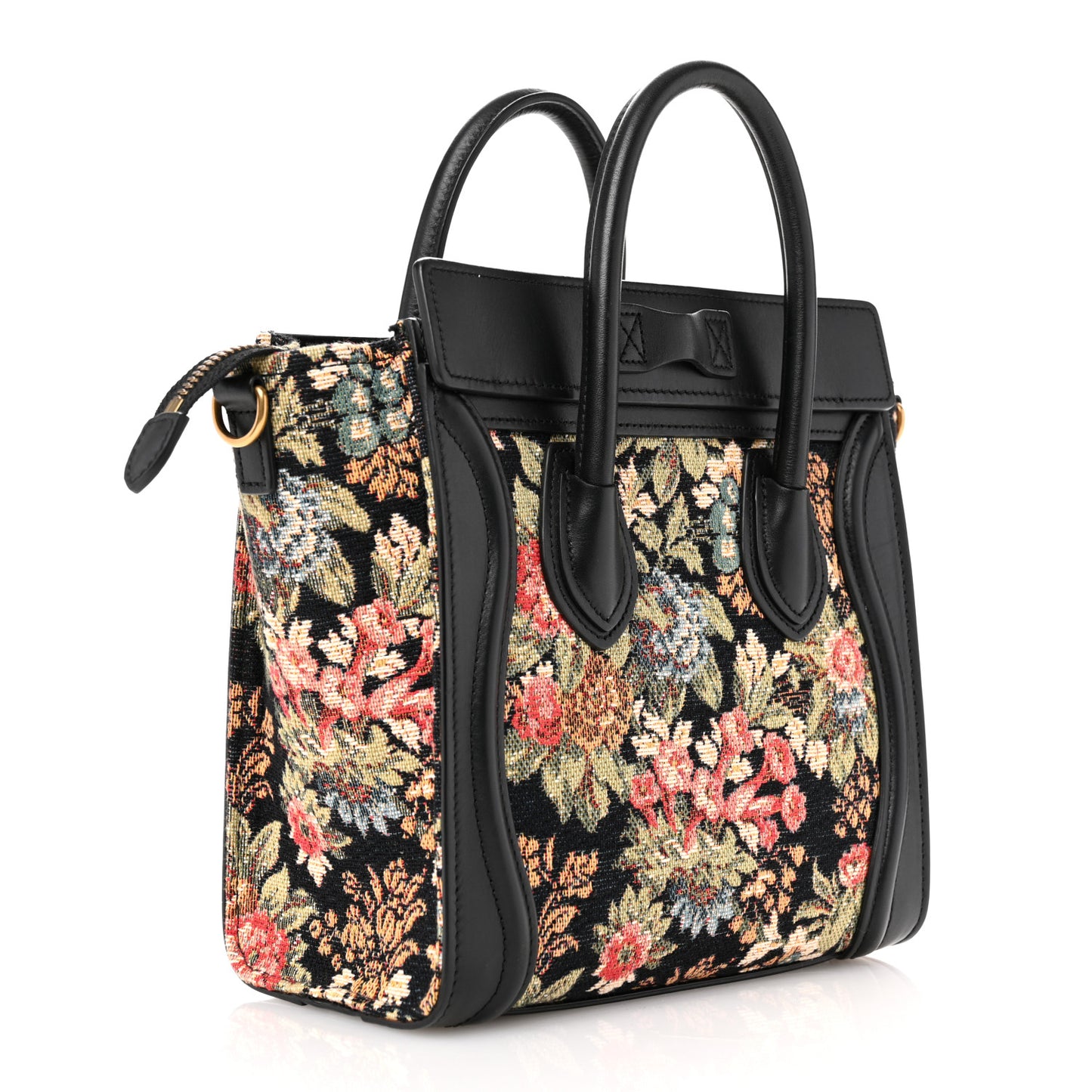 Calfskin Lambskin Canvas Jacquard Floral Nano Luggage Black