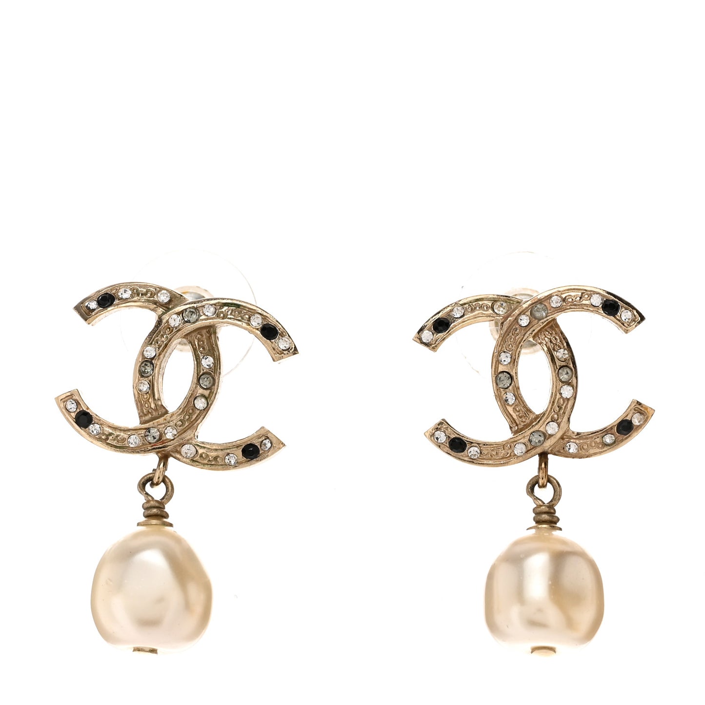 Crystal Pearl CC Drop Earrings Gold Black